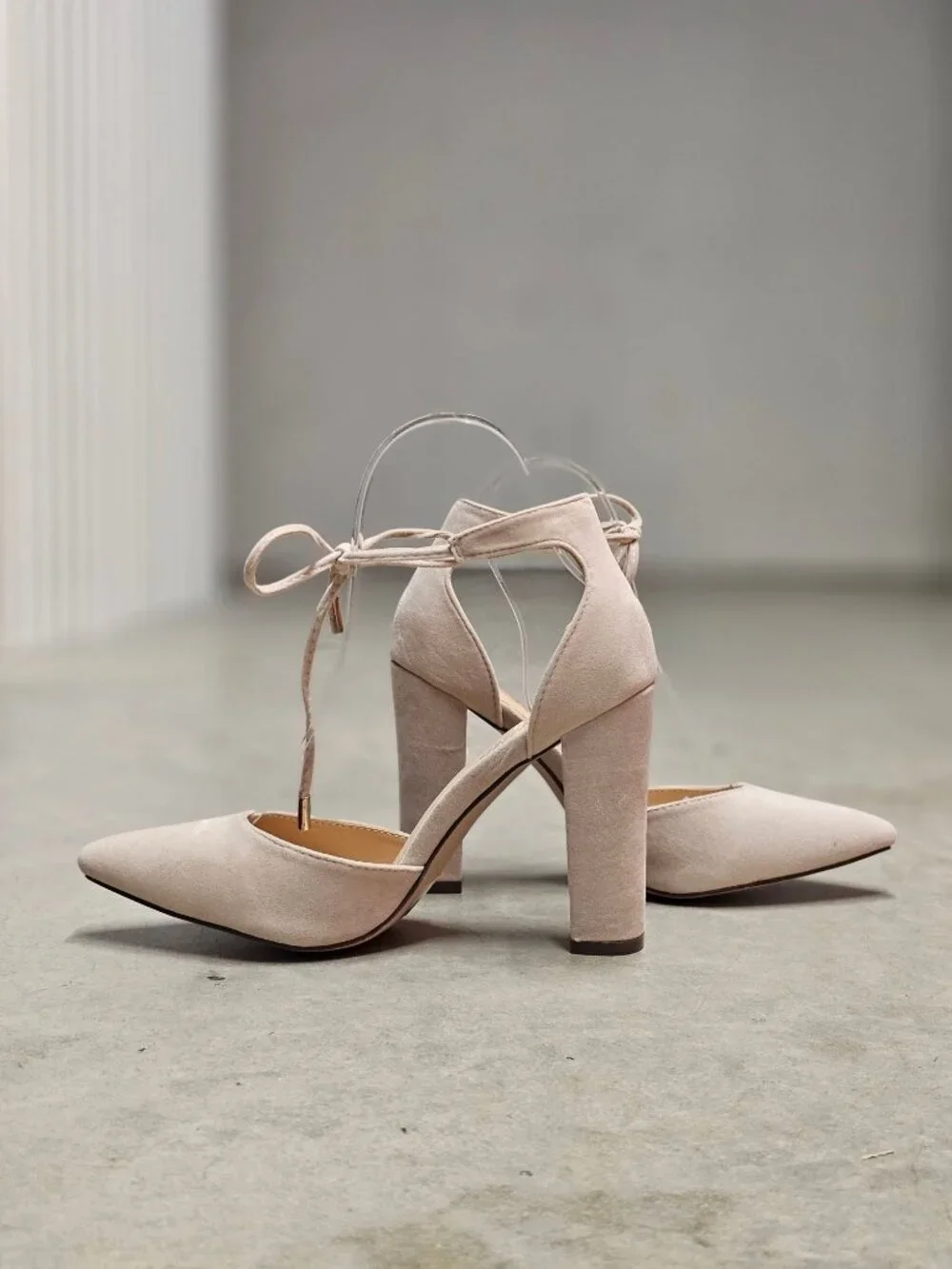 Ankle Strap Block Heel Suede Pumps In Nude Beige For Women